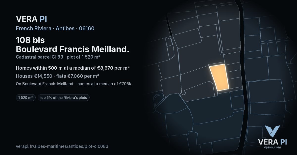 108 bis Boulevard Francis Meilland, Antibes at night – the plot lit, the parcels around coloured by the prices near them