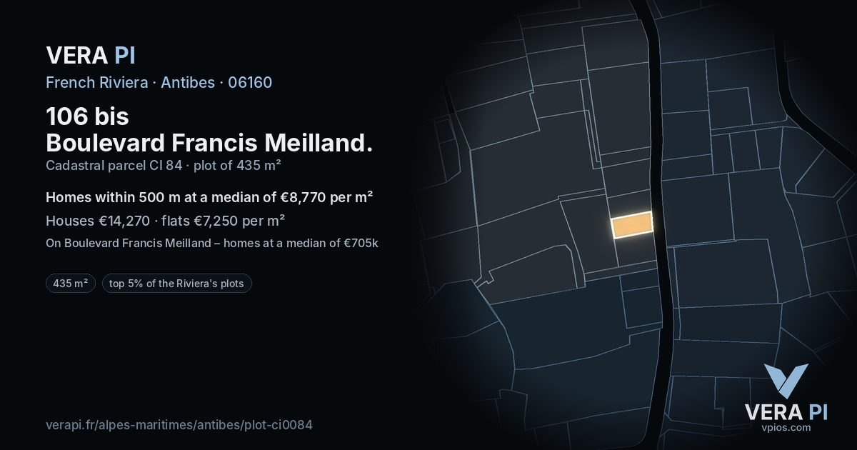 106 bis Boulevard Francis Meilland, Antibes at night – the plot lit, the parcels around coloured by the prices near them