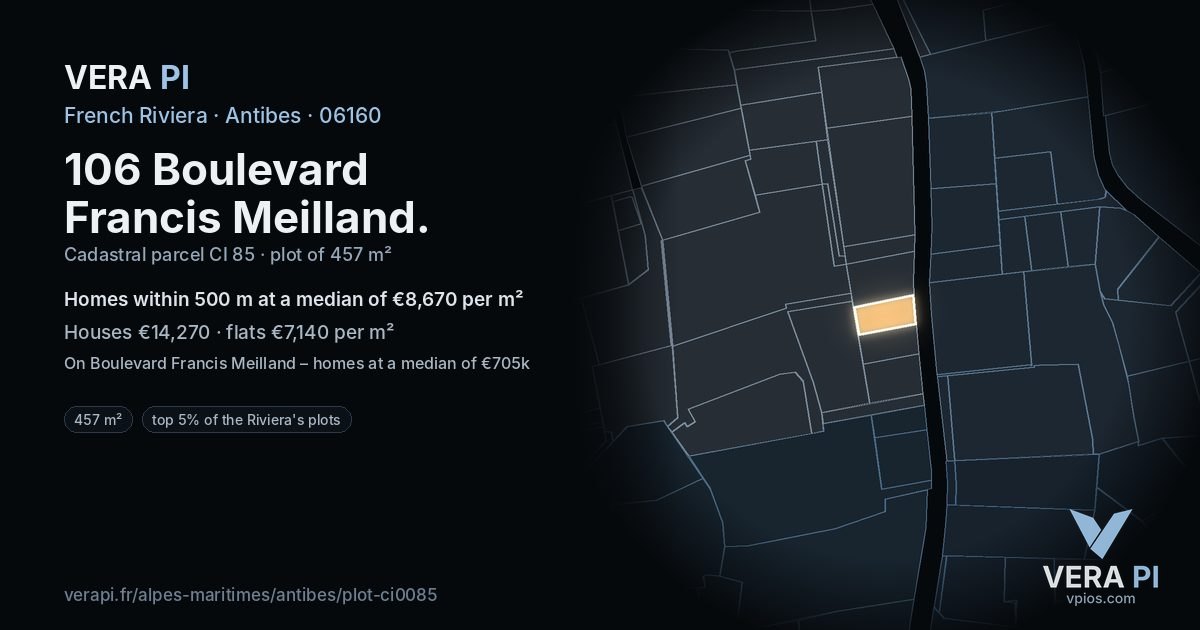 106 Boulevard Francis Meilland, Antibes at night – the plot lit, the parcels around coloured by the prices near them