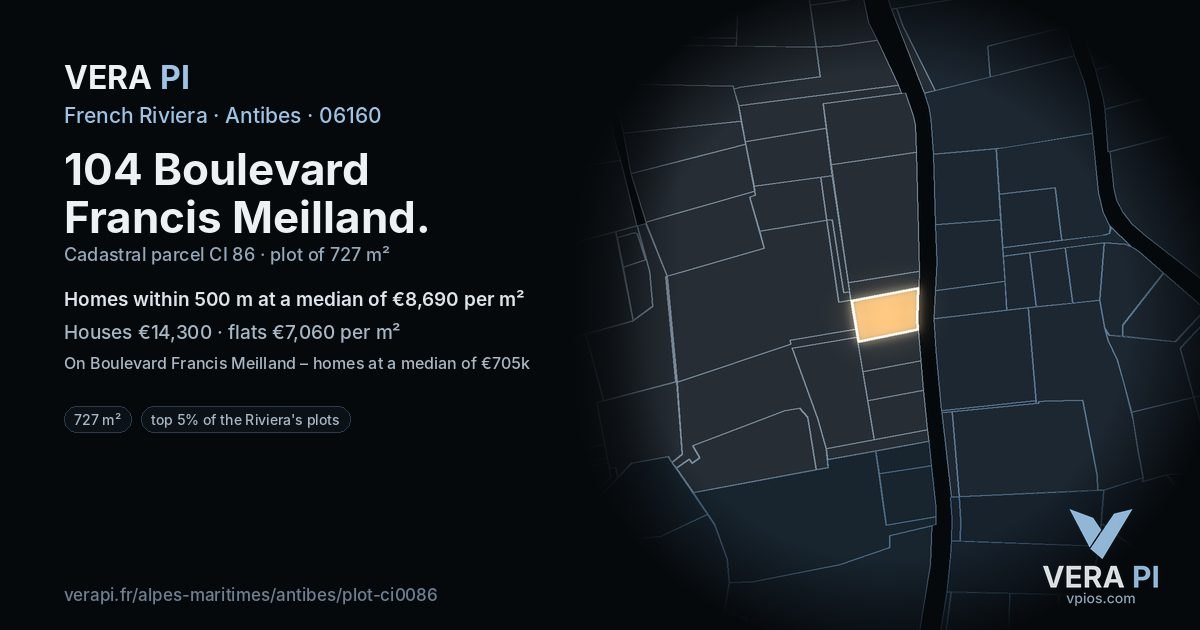 104 Boulevard Francis Meilland, Antibes at night – the plot lit, the parcels around coloured by the prices near them