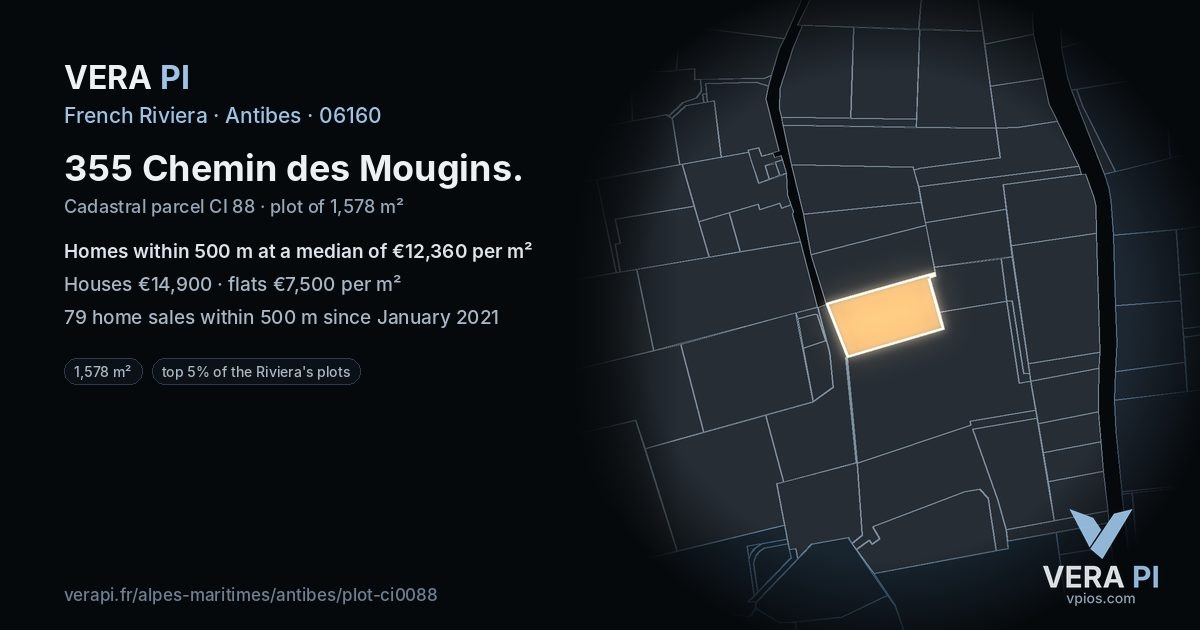 355 Chemin des Mougins, Antibes at night – the plot lit, the parcels around coloured by the prices near them