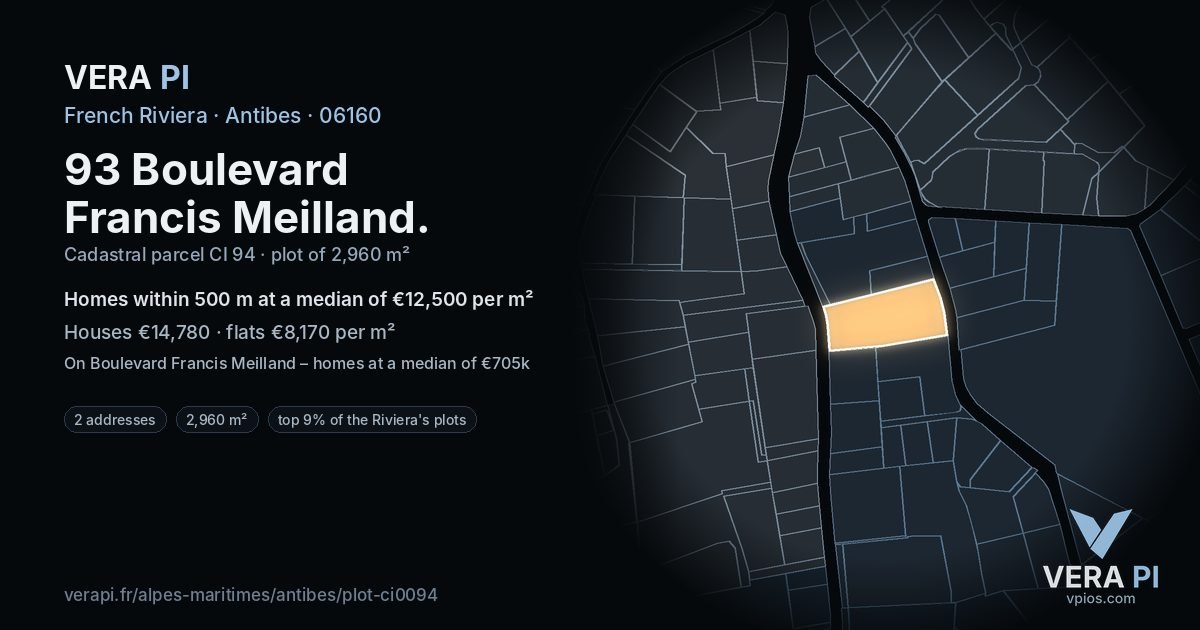 93 Boulevard Francis Meilland, Antibes at night – the plot lit, the parcels around coloured by the prices near them