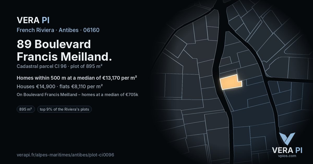 89 Boulevard Francis Meilland, Antibes at night – the plot lit, the parcels around coloured by the prices near them