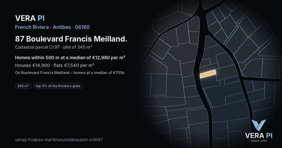 87 Boulevard Francis Meilland, Antibes at night – the plot lit, the parcels around coloured by the prices near them