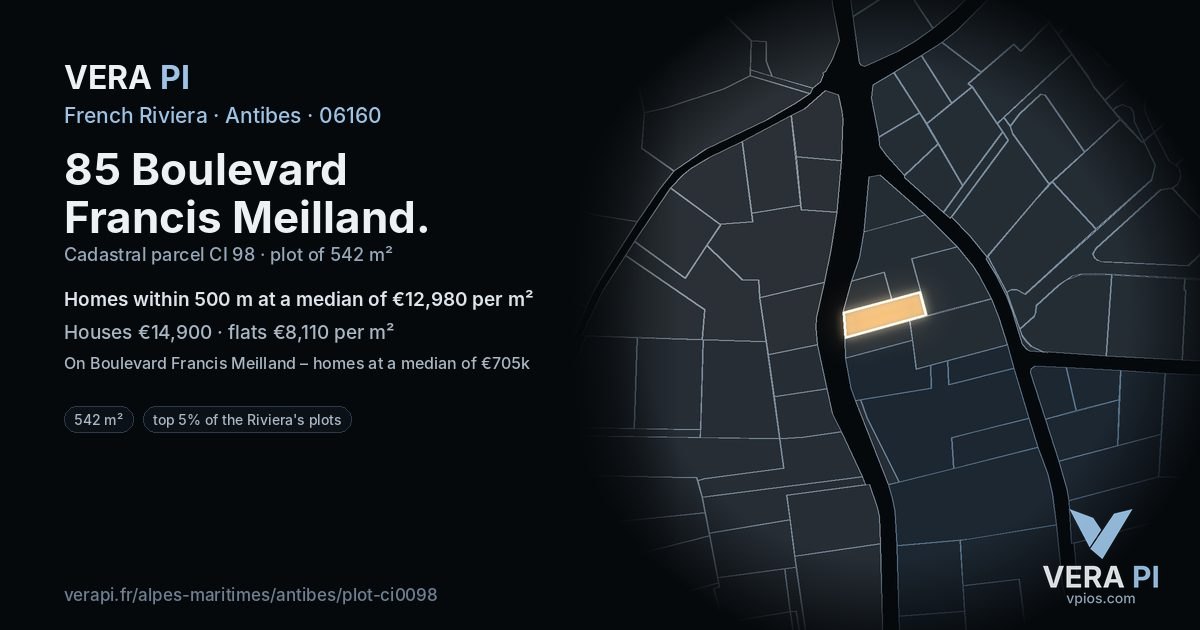 85 Boulevard Francis Meilland, Antibes at night – the plot lit, the parcels around coloured by the prices near them