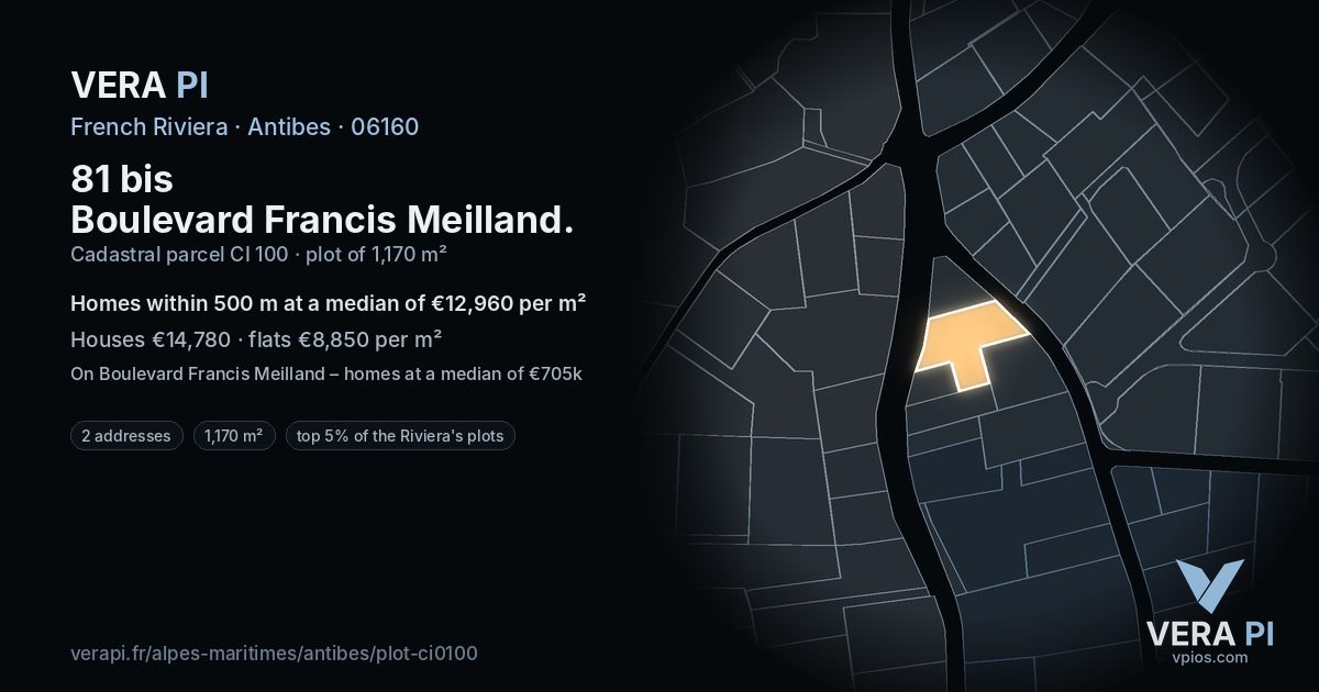 81 bis Boulevard Francis Meilland, Antibes at night – the plot lit, the parcels around coloured by the prices near them