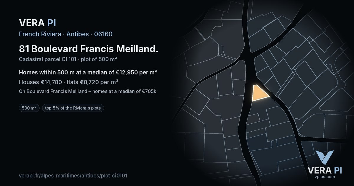 81 Boulevard Francis Meilland, Antibes at night – the plot lit, the parcels around coloured by the prices near them