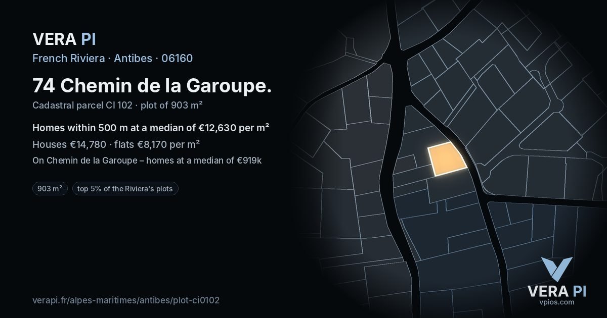 74 Chemin de la Garoupe, Antibes at night – the plot lit, the parcels around coloured by the prices near them