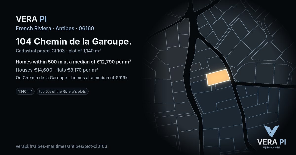 104 Chemin de la Garoupe, Antibes at night – the plot lit, the parcels around coloured by the prices near them