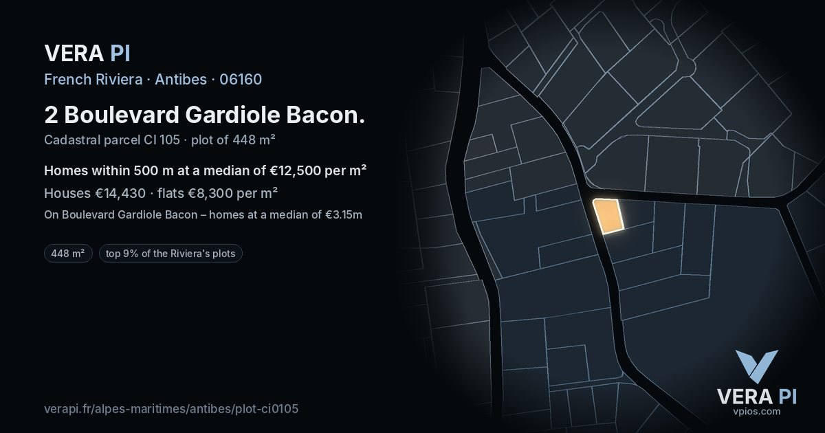 2 Boulevard Gardiole Bacon, Antibes at night – the plot lit, the parcels around coloured by the prices near them