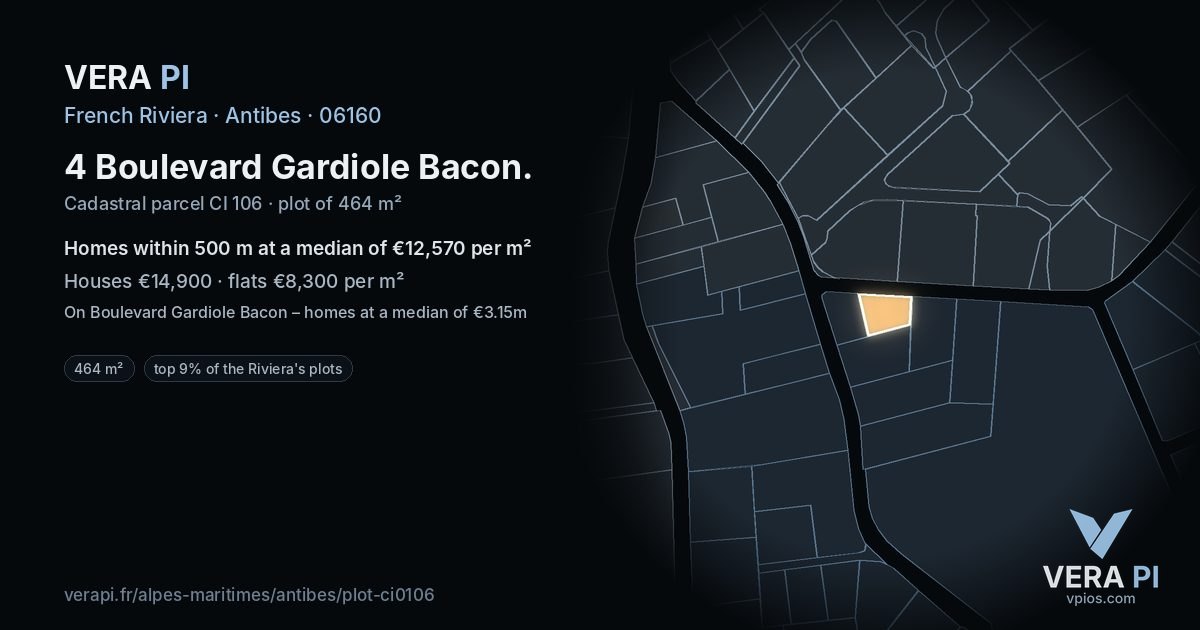 4 Boulevard Gardiole Bacon, Antibes at night – the plot lit, the parcels around coloured by the prices near them