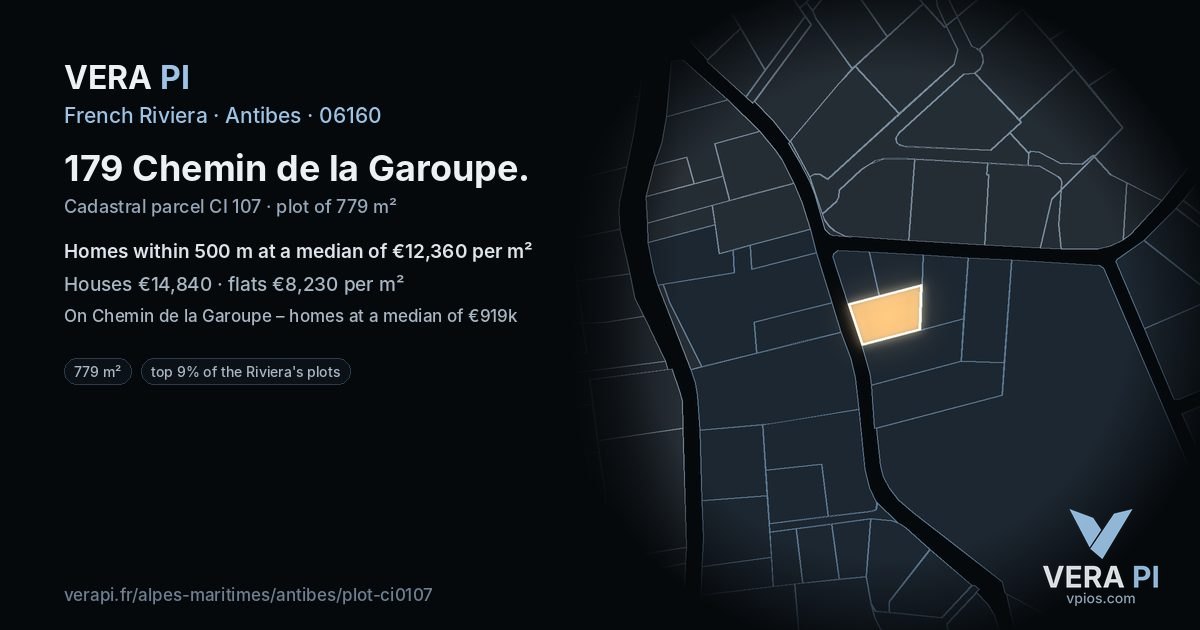 179 Chemin de la Garoupe, Antibes at night – the plot lit, the parcels around coloured by the prices near them