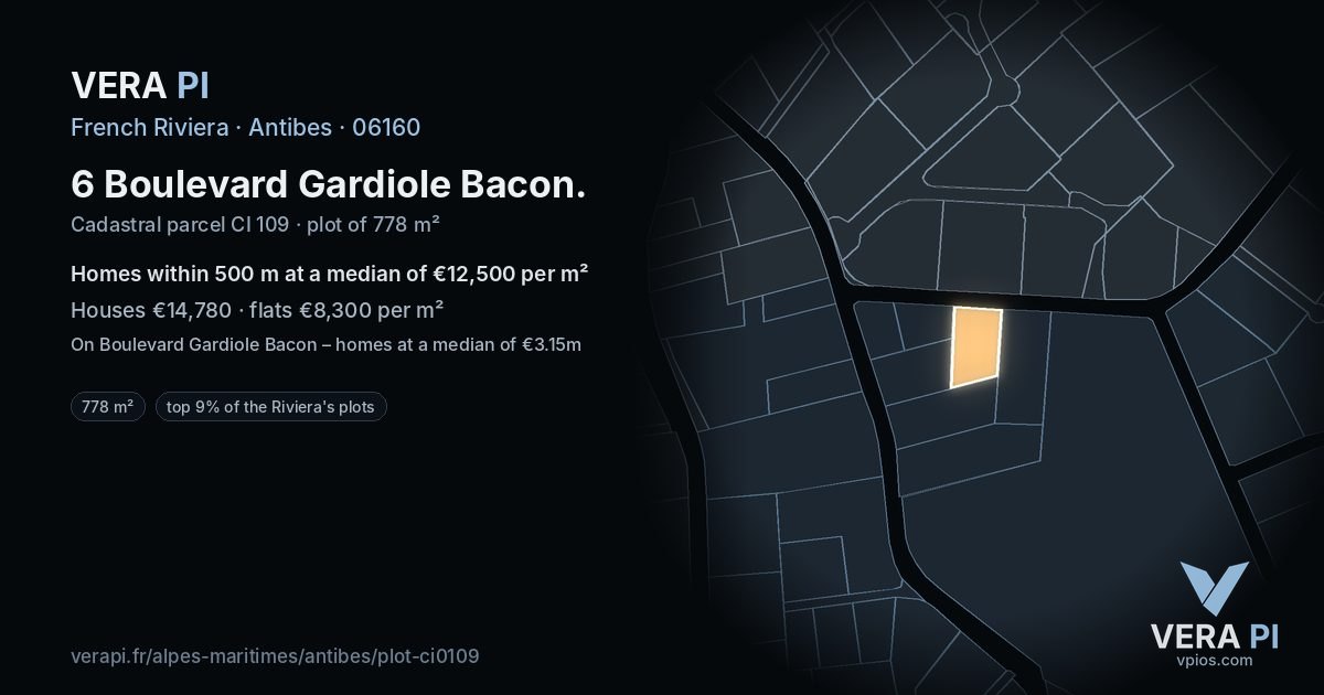 6 Boulevard Gardiole Bacon, Antibes at night – the plot lit, the parcels around coloured by the prices near them