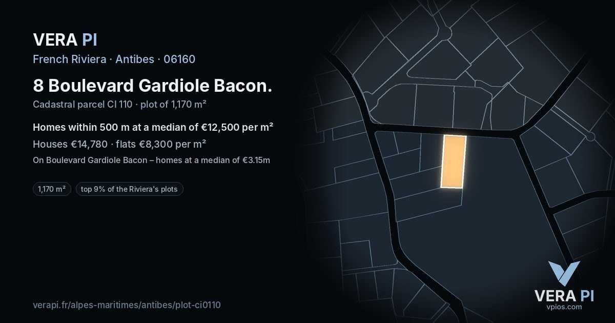 8 Boulevard Gardiole Bacon, Antibes at night – the plot lit, the parcels around coloured by the prices near them