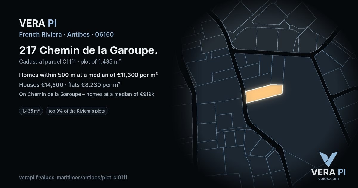 217 Chemin de la Garoupe, Antibes at night – the plot lit, the parcels around coloured by the prices near them