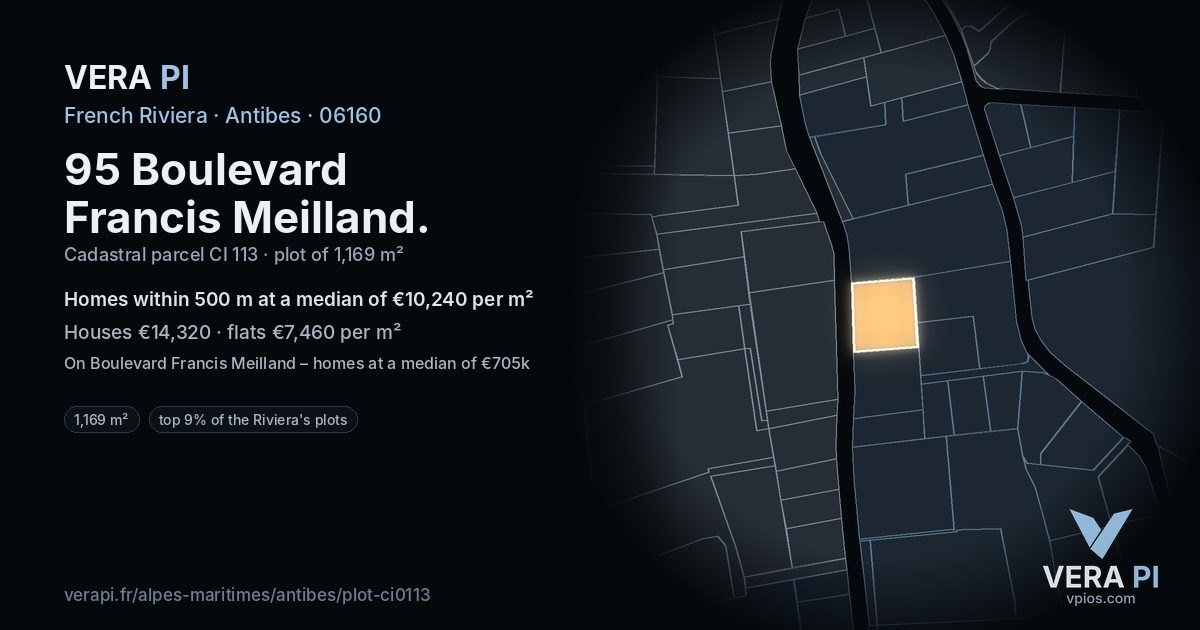 95 Boulevard Francis Meilland, Antibes at night – the plot lit, the parcels around coloured by the prices near them