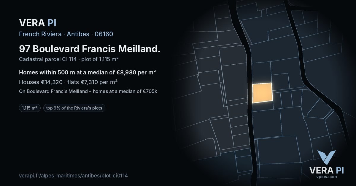 97 Boulevard Francis Meilland, Antibes at night – the plot lit, the parcels around coloured by the prices near them