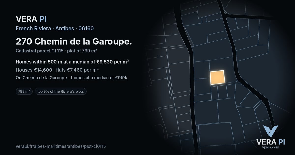 270 Chemin de la Garoupe, Antibes at night – the plot lit, the parcels around coloured by the prices near them