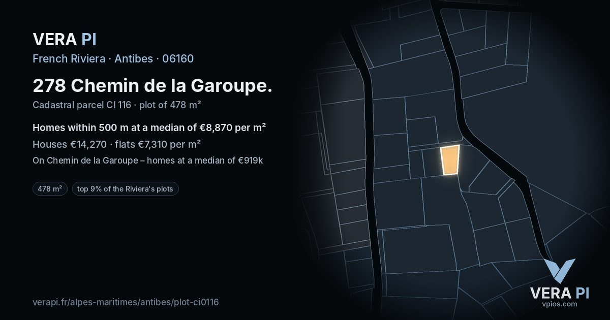278 Chemin de la Garoupe, Antibes at night – the plot lit, the parcels around coloured by the prices near them