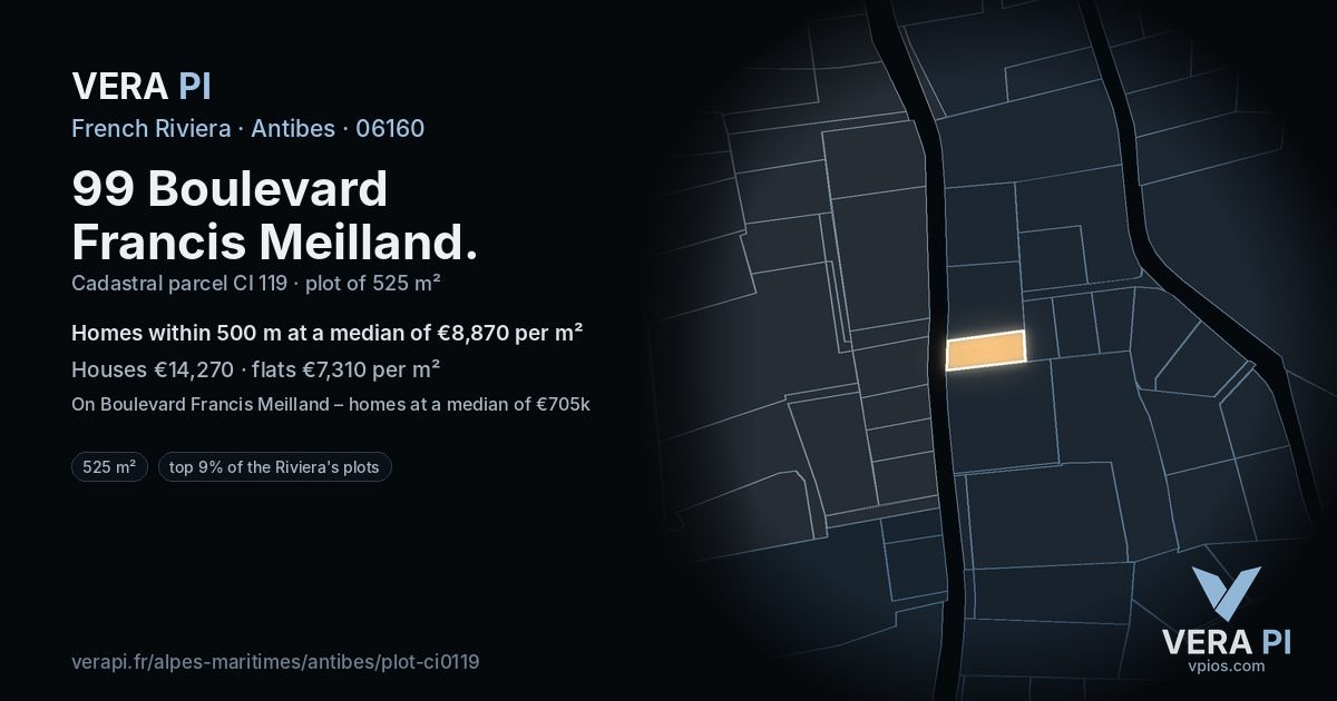 99 Boulevard Francis Meilland, Antibes at night – the plot lit, the parcels around coloured by the prices near them