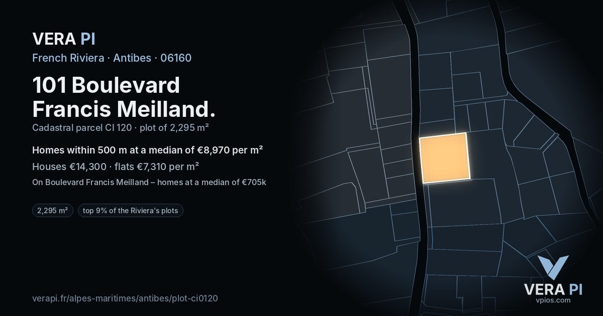 101 Boulevard Francis Meilland, Antibes at night – the plot lit, the parcels around coloured by the prices near them