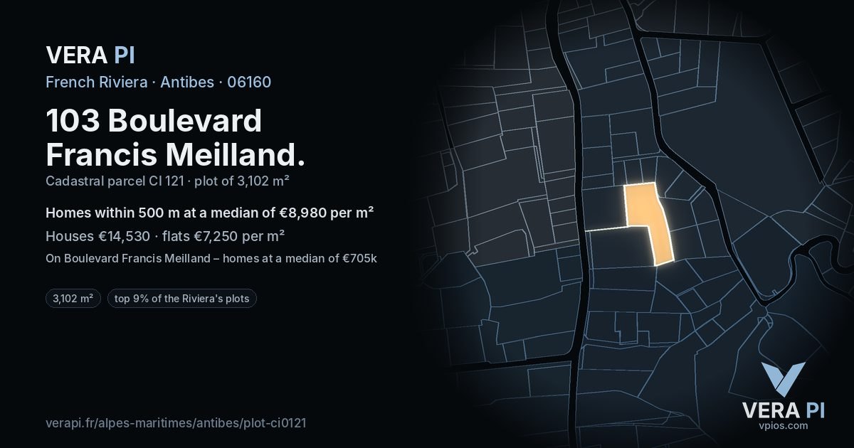 103 Boulevard Francis Meilland, Antibes at night – the plot lit, the parcels around coloured by the prices near them