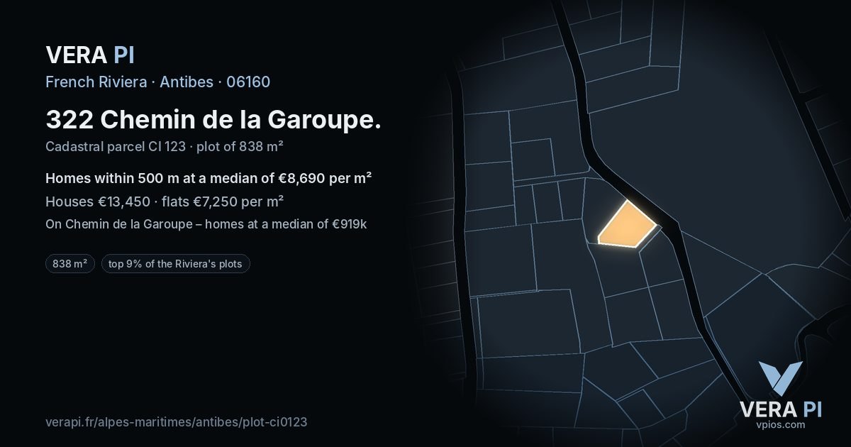 322 Chemin de la Garoupe, Antibes at night – the plot lit, the parcels around coloured by the prices near them