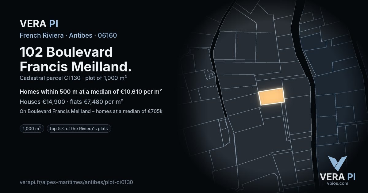 102 Boulevard Francis Meilland, Antibes at night – the plot lit, the parcels around coloured by the prices near them