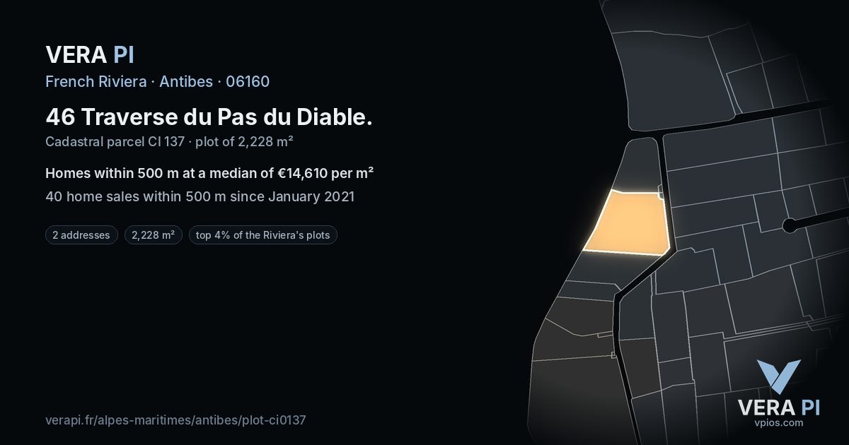 46 Traverse du Pas du Diable, Antibes at night – the plot lit, the parcels around coloured by the prices near them
