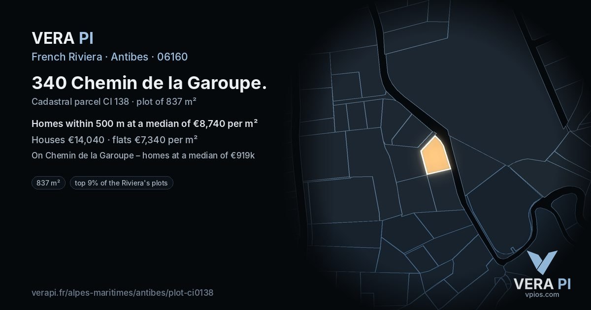 340 Chemin de la Garoupe, Antibes at night – the plot lit, the parcels around coloured by the prices near them