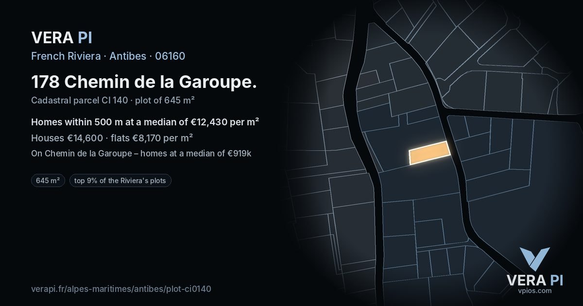 178 Chemin de la Garoupe, Antibes at night – the plot lit, the parcels around coloured by the prices near them