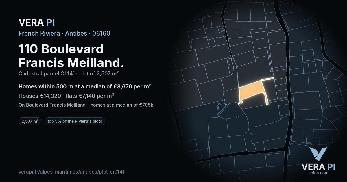 110 Boulevard Francis Meilland, Antibes at night – the plot lit, the parcels around coloured by the prices near them