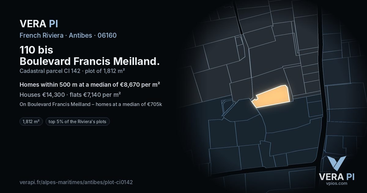 110 bis Boulevard Francis Meilland, Antibes at night – the plot lit, the parcels around coloured by the prices near them
