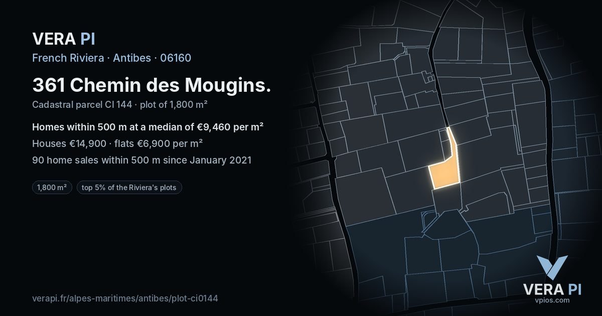 361 Chemin des Mougins, Antibes at night – the plot lit, the parcels around coloured by the prices near them