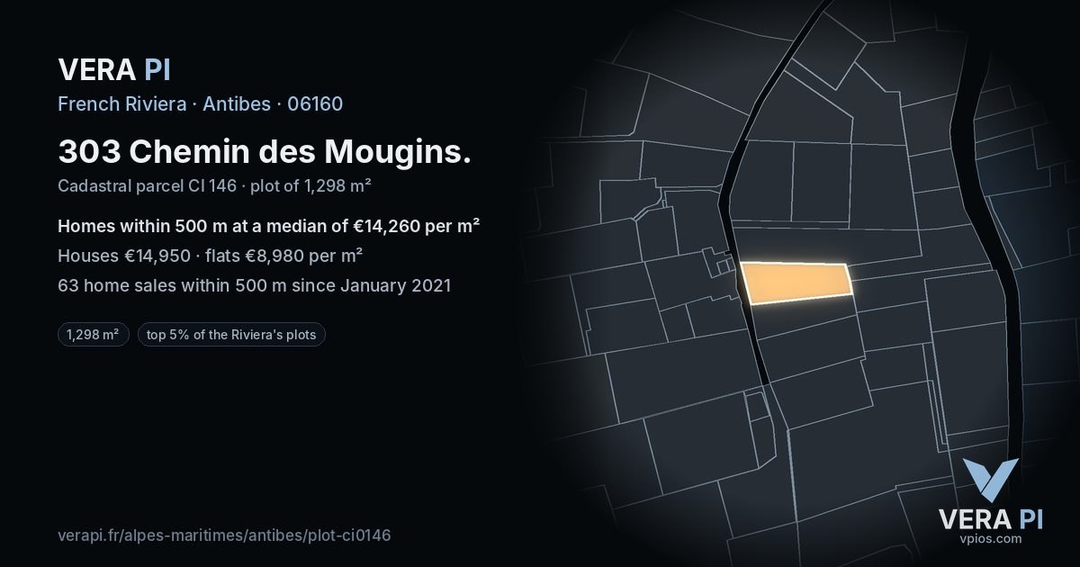 303 Chemin des Mougins, Antibes at night – the plot lit, the parcels around coloured by the prices near them