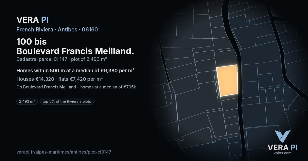 100 bis Boulevard Francis Meilland, Antibes at night – the plot lit, the parcels around coloured by the prices near them