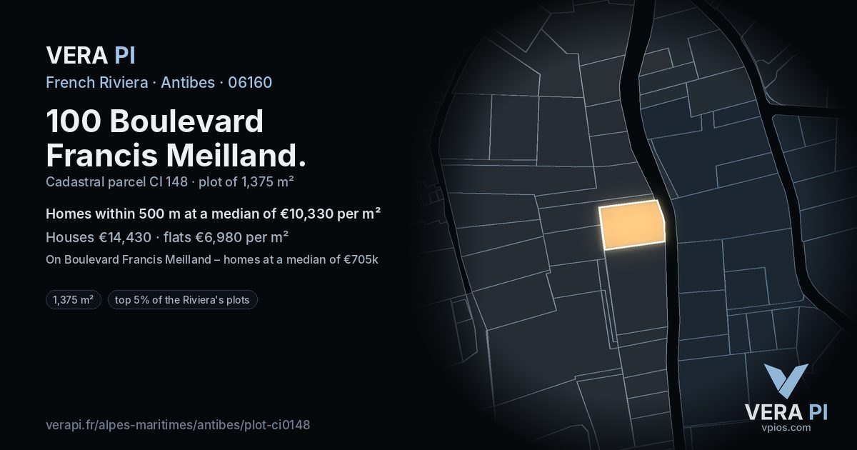 100 Boulevard Francis Meilland, Antibes at night – the plot lit, the parcels around coloured by the prices near them