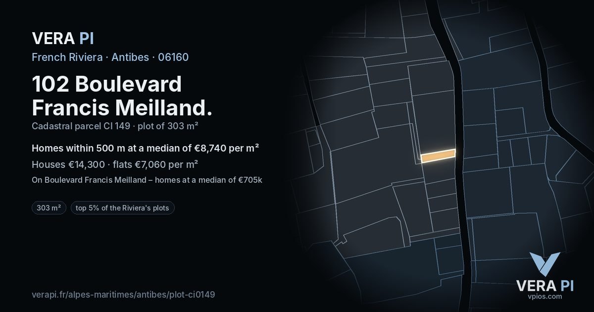 102 Boulevard Francis Meilland, Antibes at night – the plot lit, the parcels around coloured by the prices near them
