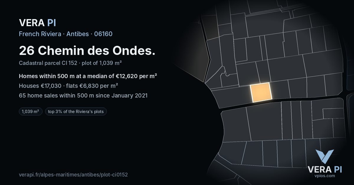 26 Chemin des Ondes, Antibes at night – the plot lit, the parcels around coloured by the prices near them