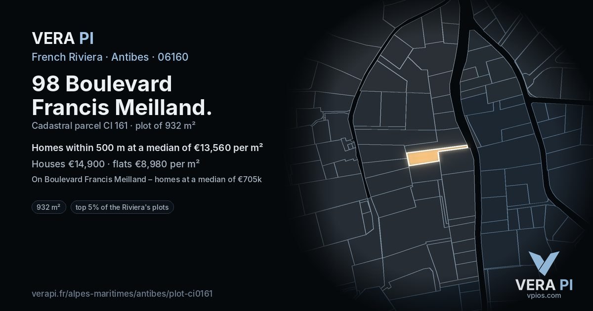 98 Boulevard Francis Meilland, Antibes at night – the plot lit, the parcels around coloured by the prices near them