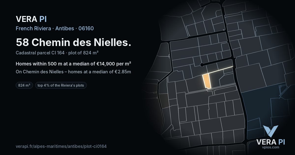 58 Chemin des Nielles, Antibes at night – the plot lit, the parcels around coloured by the prices near them