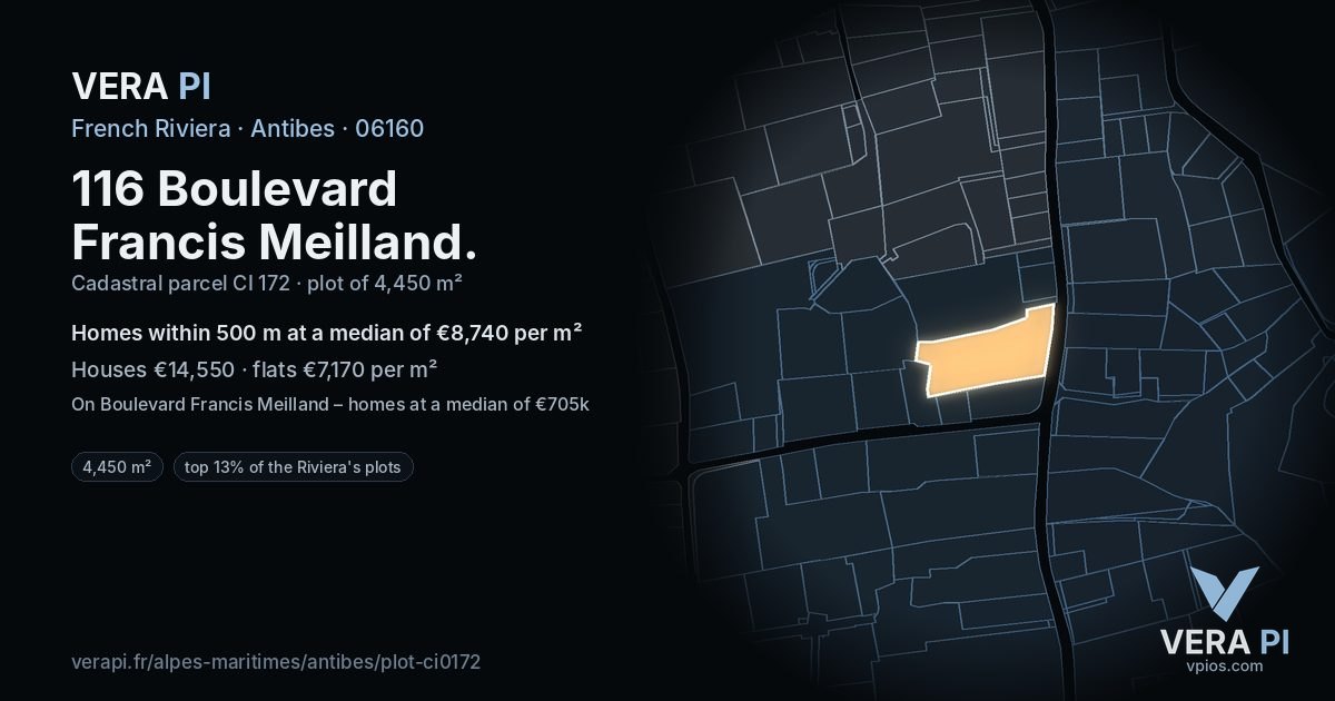 116 Boulevard Francis Meilland, Antibes at night – the plot lit, the parcels around coloured by the prices near them