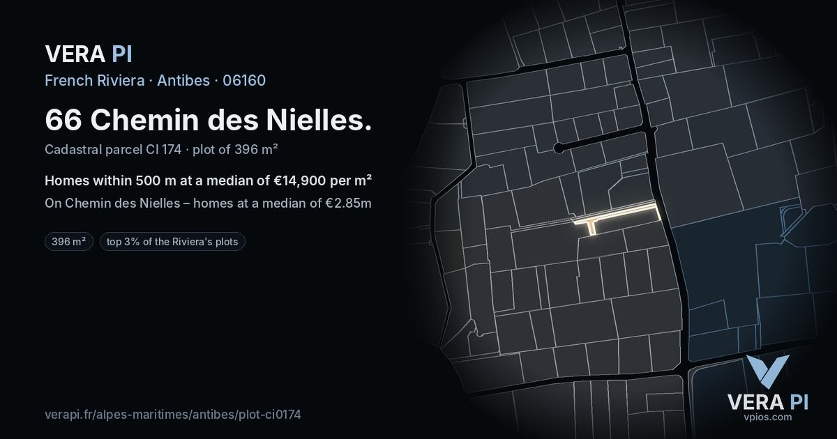 66 Chemin des Nielles, Antibes at night – the plot lit, the parcels around coloured by the prices near them