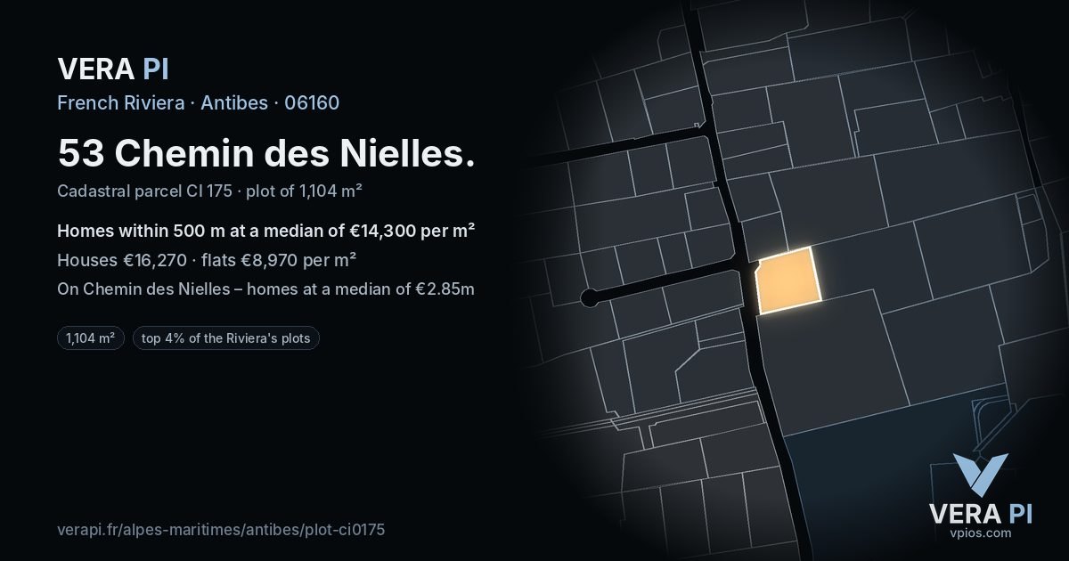 53 Chemin des Nielles, Antibes at night – the plot lit, the parcels around coloured by the prices near them