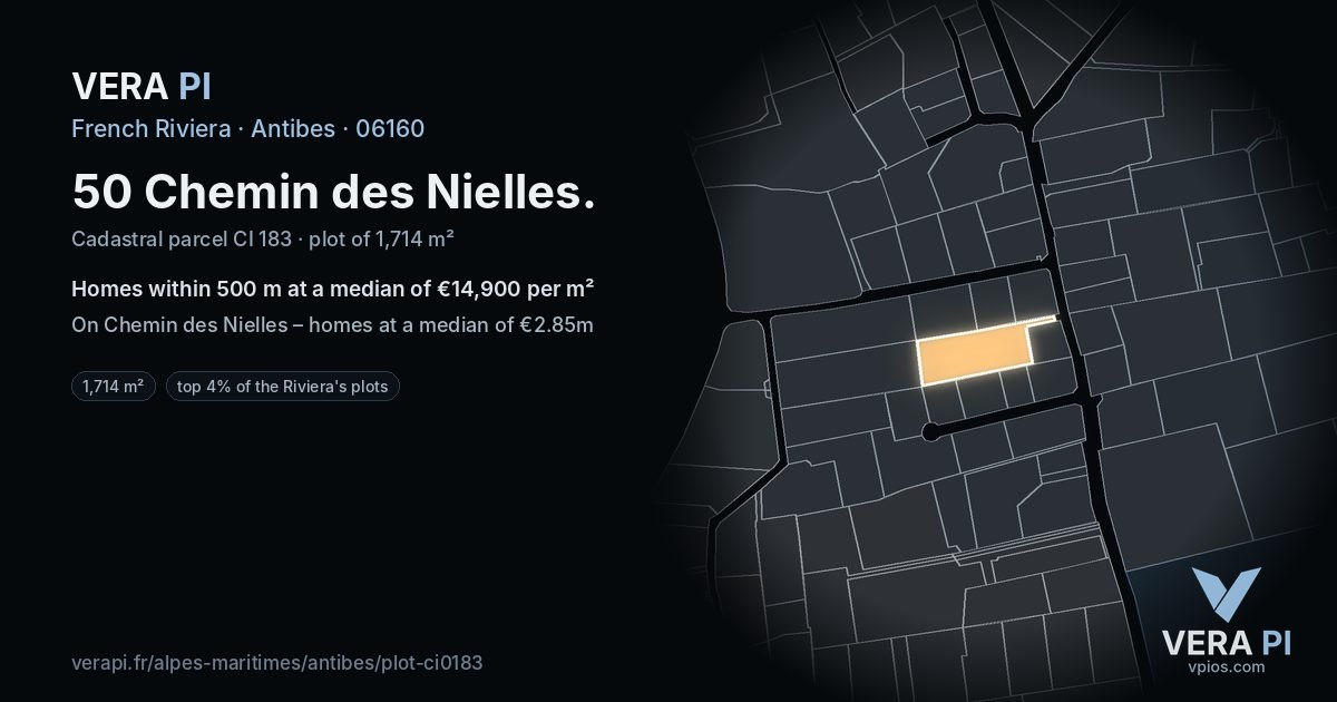 50 Chemin des Nielles, Antibes at night – the plot lit, the parcels around coloured by the prices near them