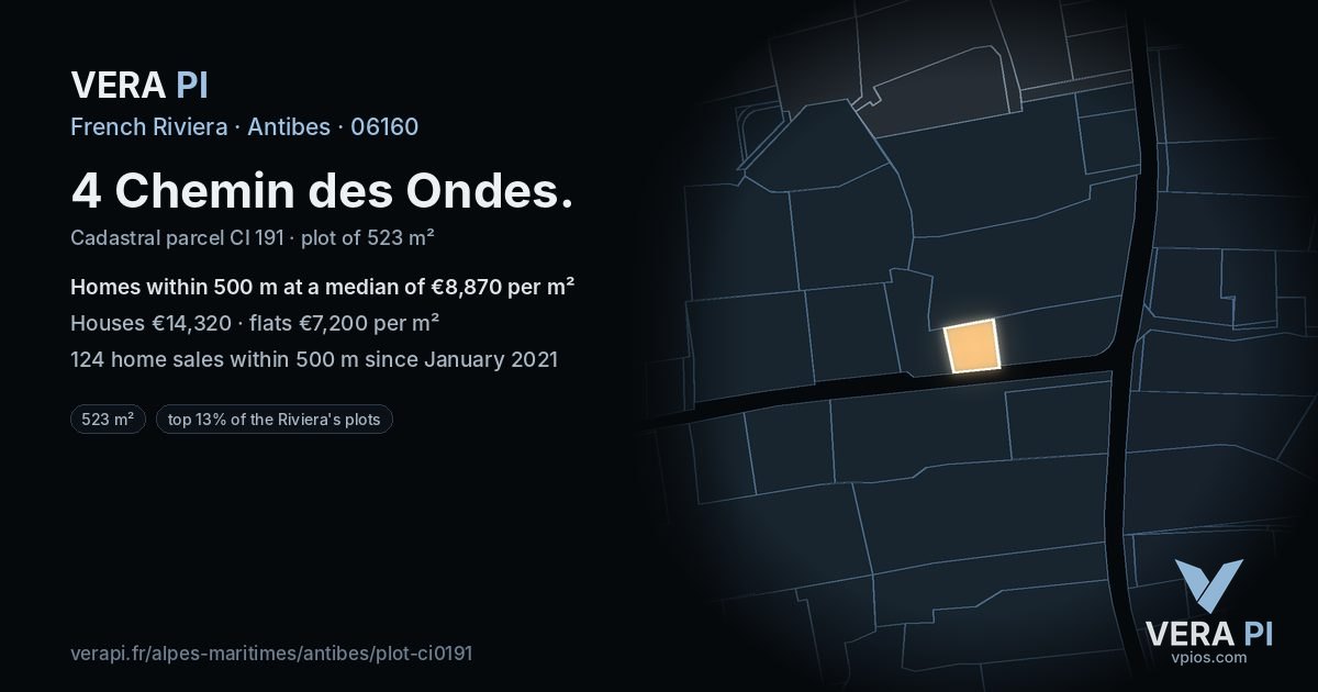4 Chemin des Ondes, Antibes at night – the plot lit, the parcels around coloured by the prices near them