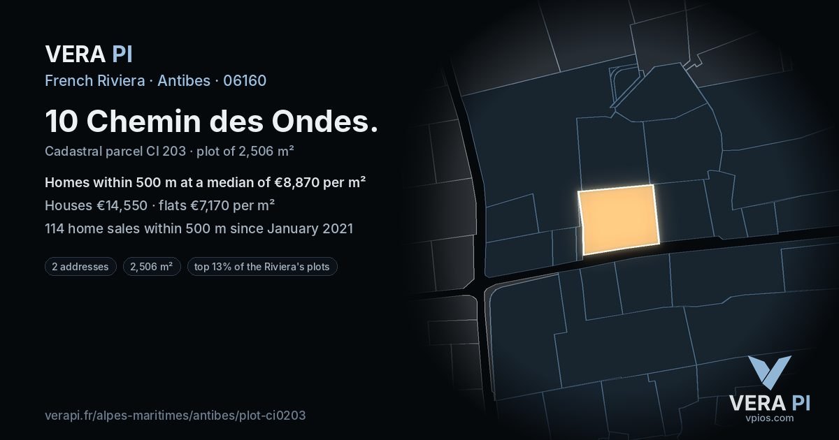 10 Chemin des Ondes, Antibes at night – the plot lit, the parcels around coloured by the prices near them