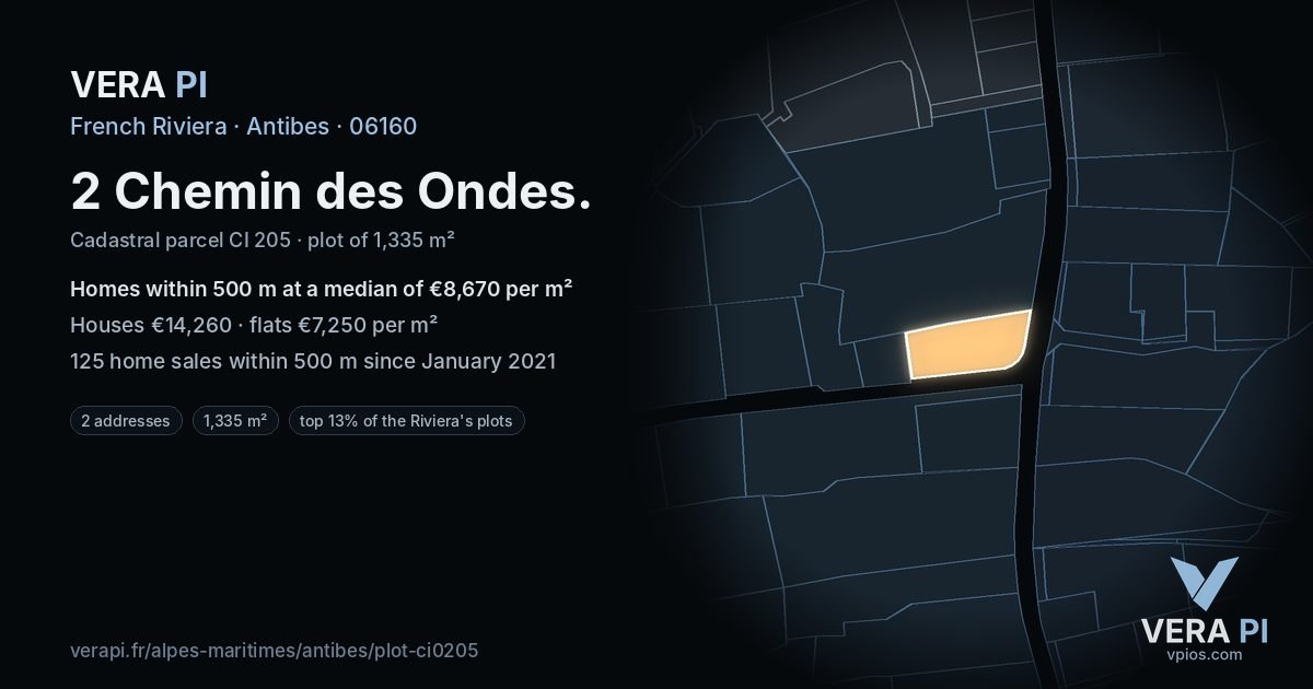 2 Chemin des Ondes, Antibes at night – the plot lit, the parcels around coloured by the prices near them