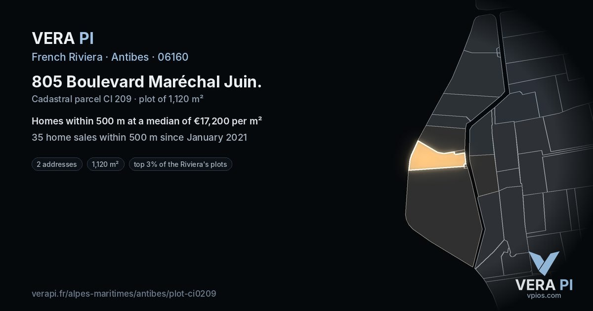 805 Boulevard Maréchal Juin, Antibes at night – the plot lit, the parcels around coloured by the prices near them