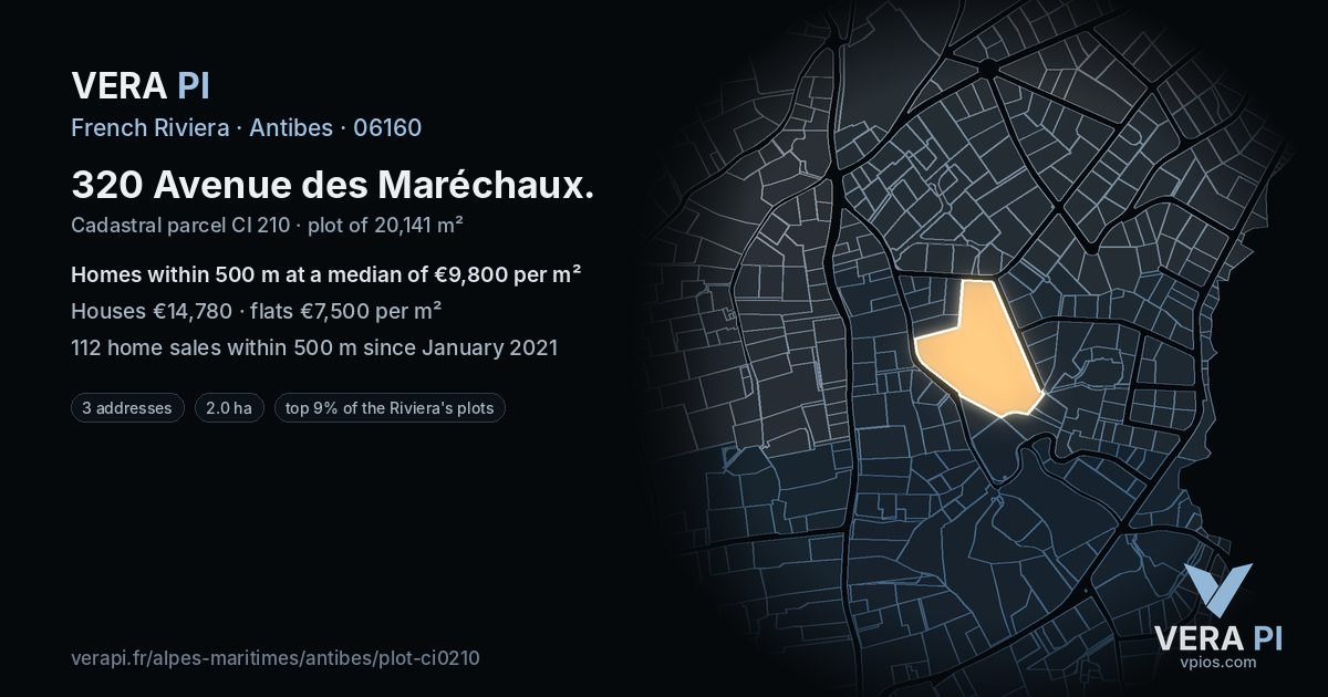 320 Avenue des Maréchaux, Antibes at night – the plot lit, the parcels around coloured by the prices near them